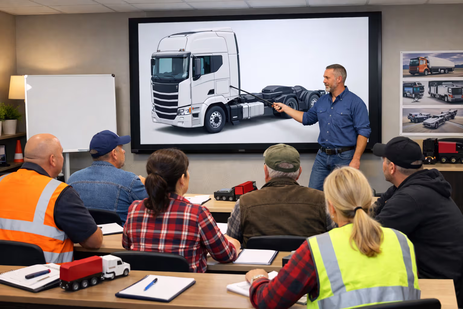 CDL training classroom with adult students studying and instructor presenting truck diagram on screen
