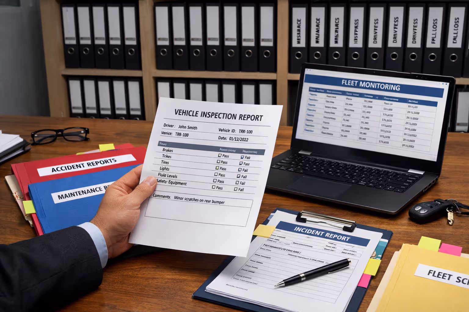 Fleet safety manager reviewing driver qualification files at desk with organized folders and laptop