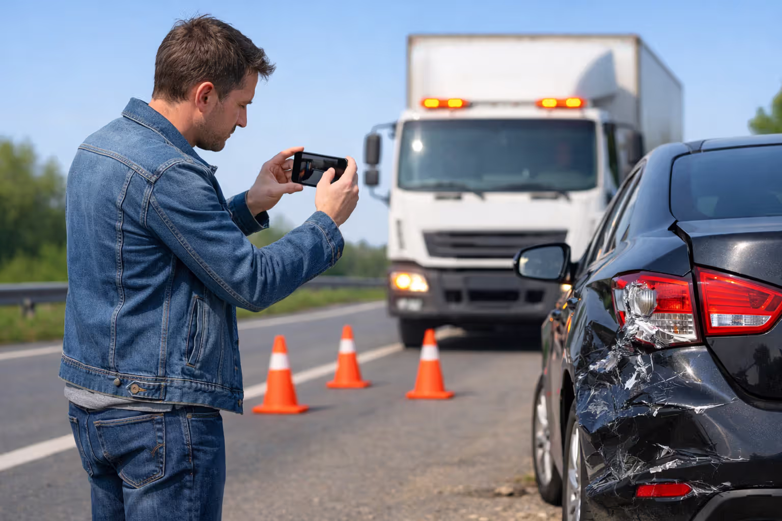 Person photographing vehicle damage with a smartphone at a truck accident scene on a road shoulder with emergency cones and a semi-truck with hazard lights in the background