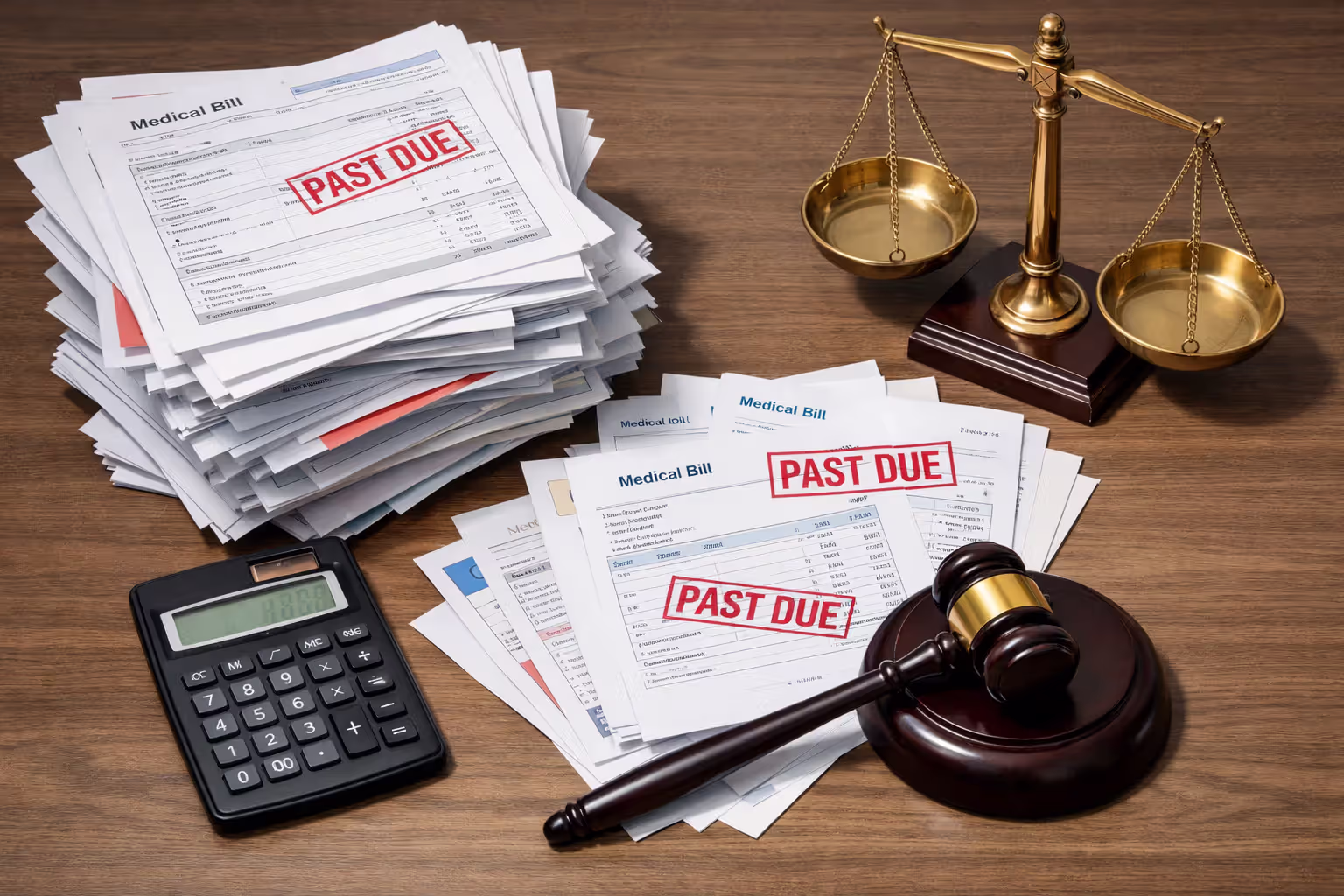 Stack of medical bills marked past due on a desk next to a judge gavel, calculator, and scales of justice representing truck accident compensation claims