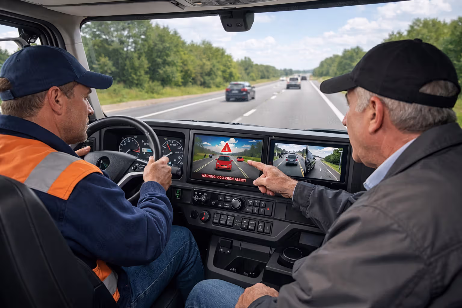 Inside modern truck cab with collision avoidance system displays while instructor explains technology to driver