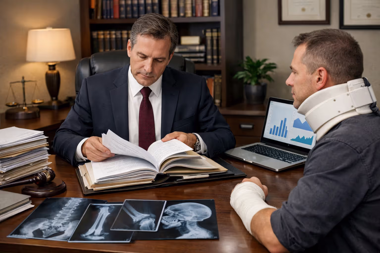 Personal injury attorney reviewing case documents and medical imaging at a desk while consulting with an injured client wearing an arm cast and neck brace