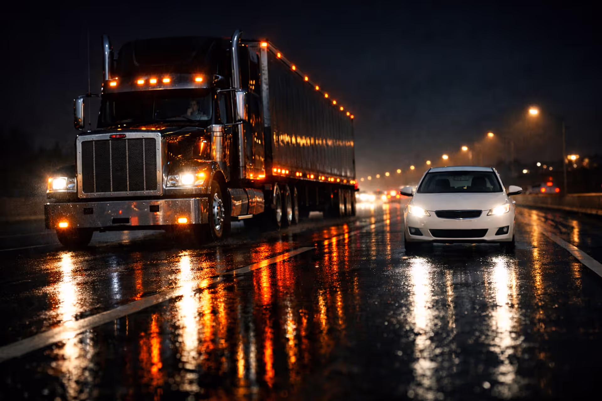 A massive 18-wheeler semi-truck driving alongside a small white sedan on a wet multi-lane highway at dusk, emphasizing the extreme size difference between the two vehicles