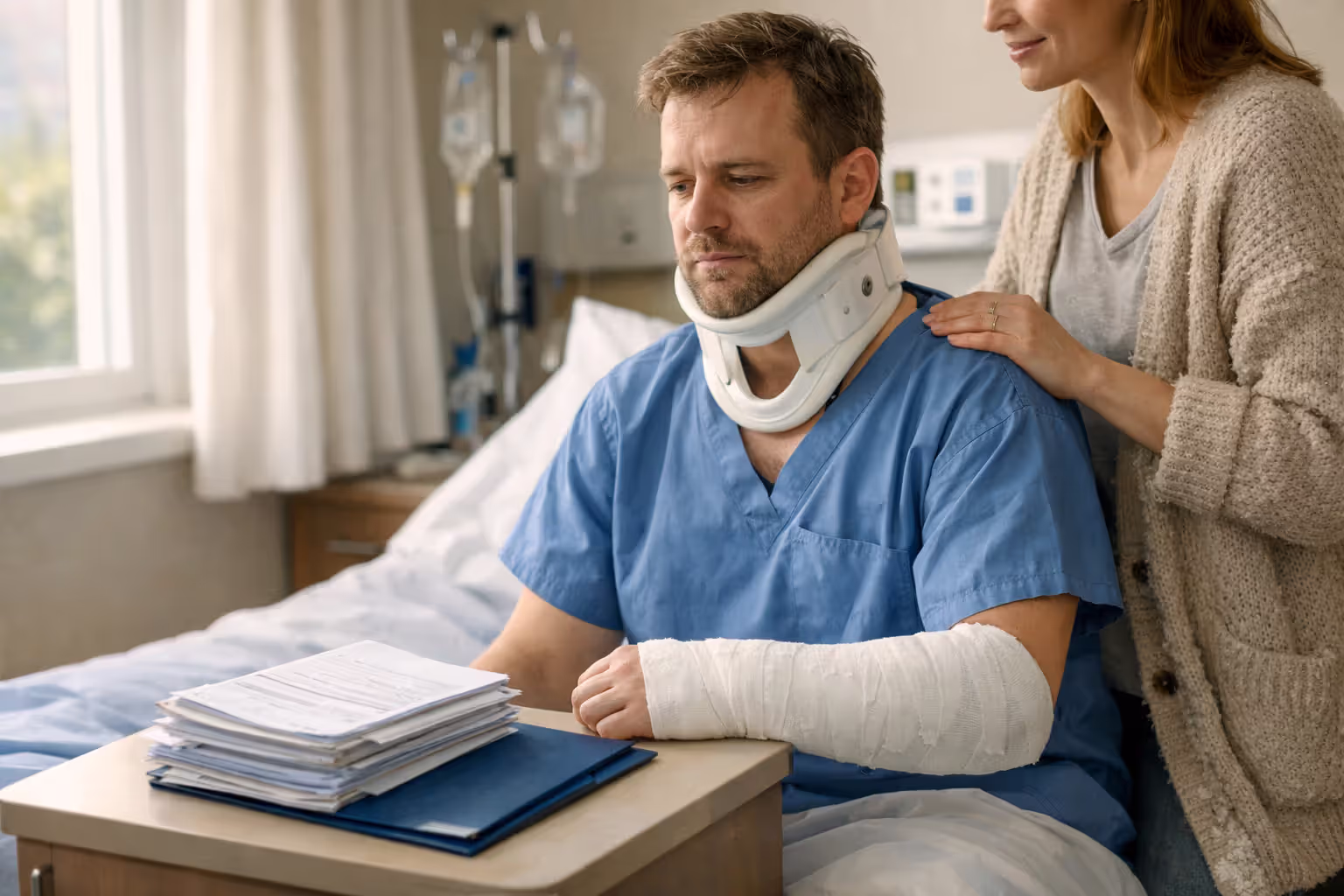 Injured patient with neck brace and arm cast sitting in hospital bed with stack of medical bills on bedside table and family member offering support