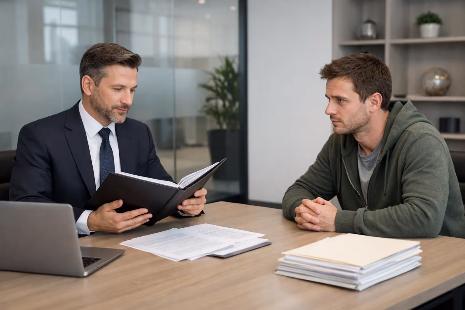 Attorney in business suit reviewing case documents with an injured client across a conference table in a modern law office